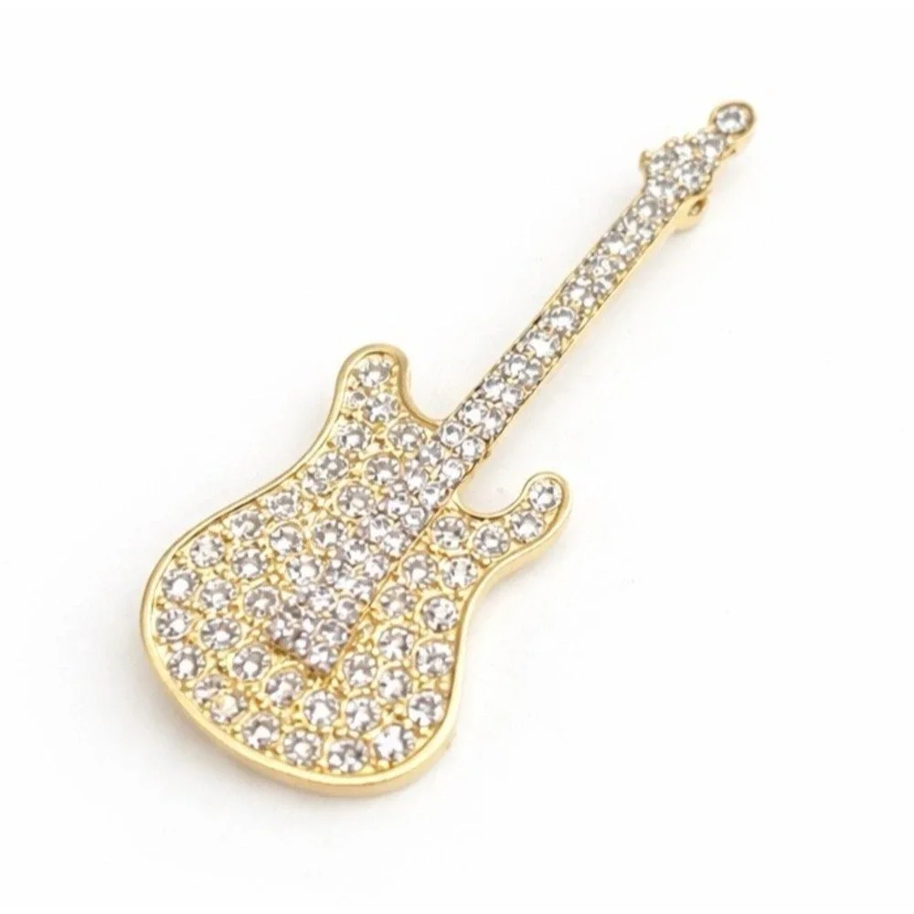 White Rhinestone Electric Guitar Brooch with Gold Tone Metal Accent Pin 2.25